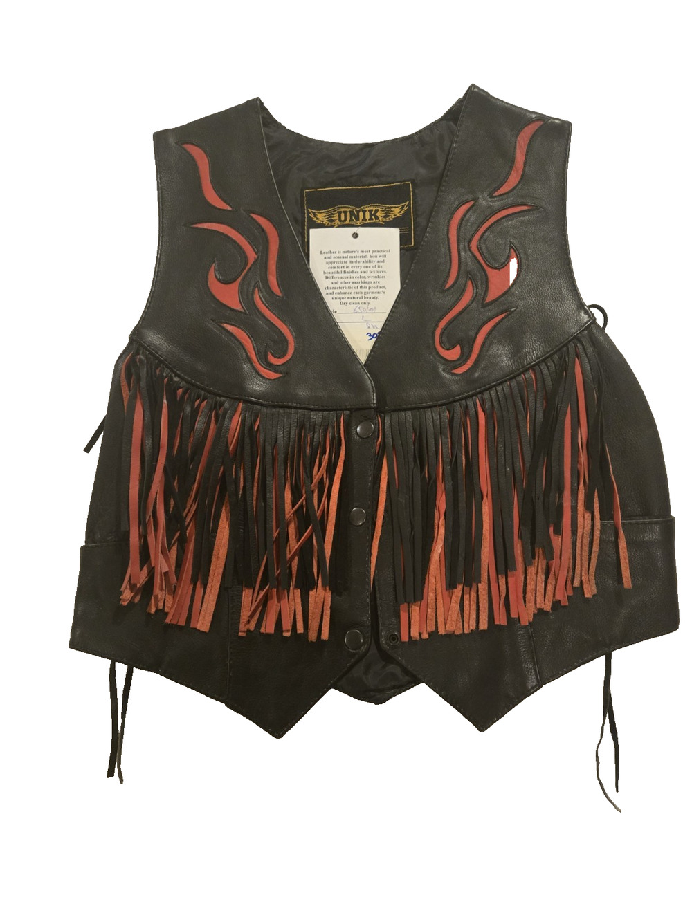 Unik women's Red Tribal Flame Leather Biker Vest with Fringe and conchos size L